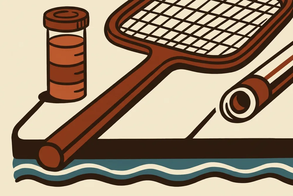 Illustration of pool service tools: a water-test vial, a skimmer net handle and a pool pole